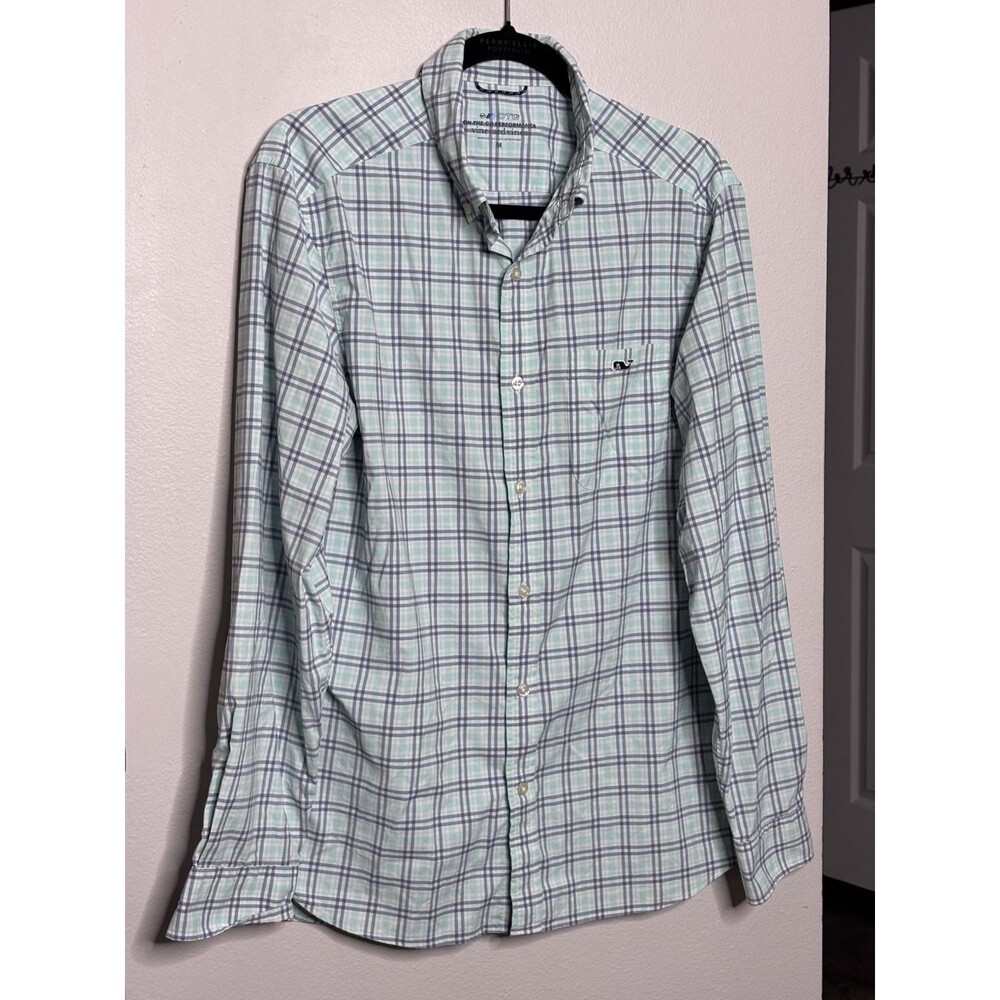 Vineyard Vines On The Go OTG Performance Long Sleeve Blue Check Shirt Medium